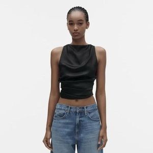 NWT Zara open tie back black satin effect sleeveless mock neck top size S